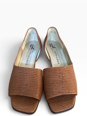 Peter Kaiser Brown Lizard Textured Peep-Toe Low Wedge Shoes